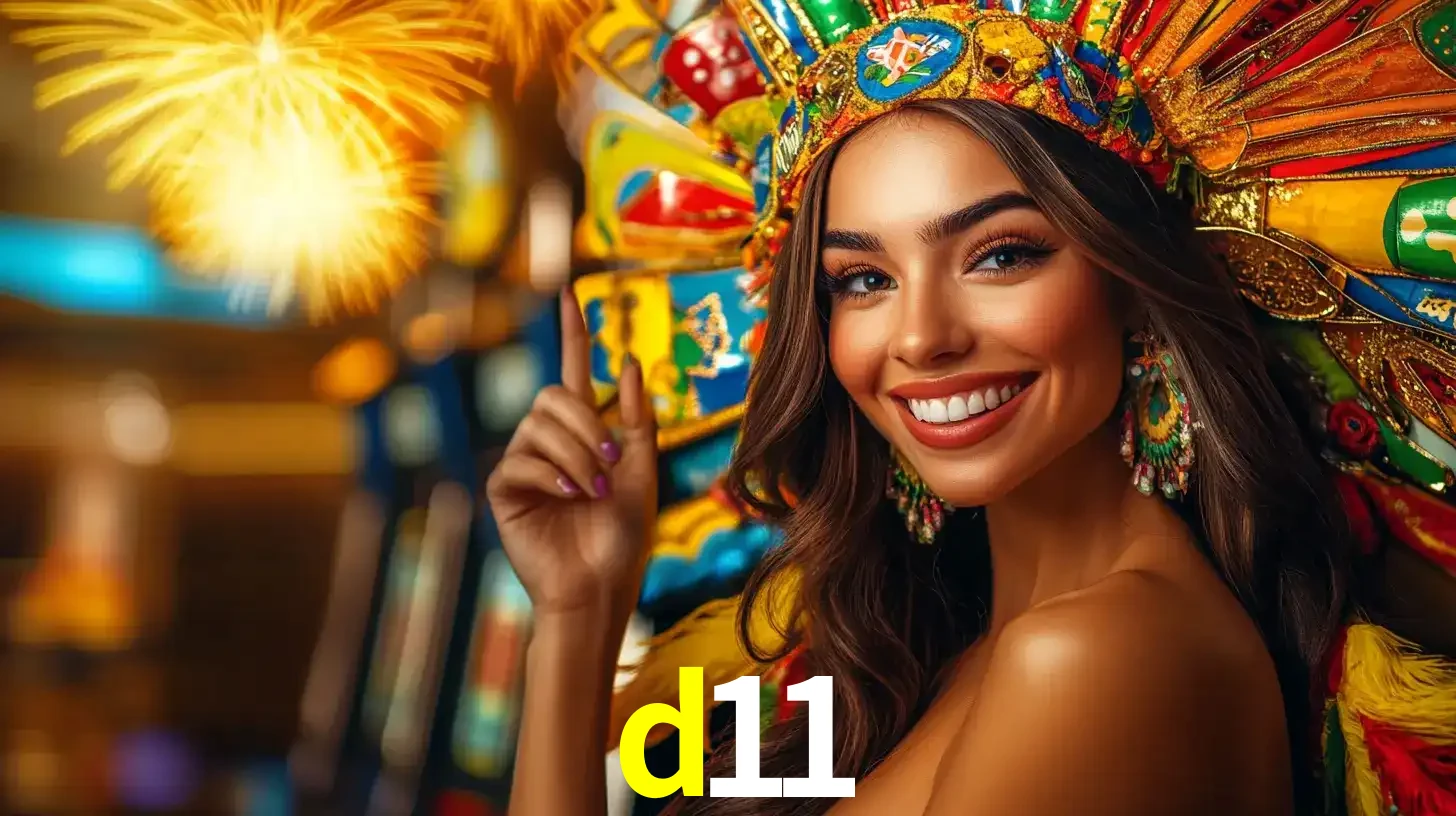 Mulher sorridente com um cocar de carnaval vibrante e colorido, celebrando uma grande vitória nos jogos do cassino d11 com fogos de artifício ao fundo.