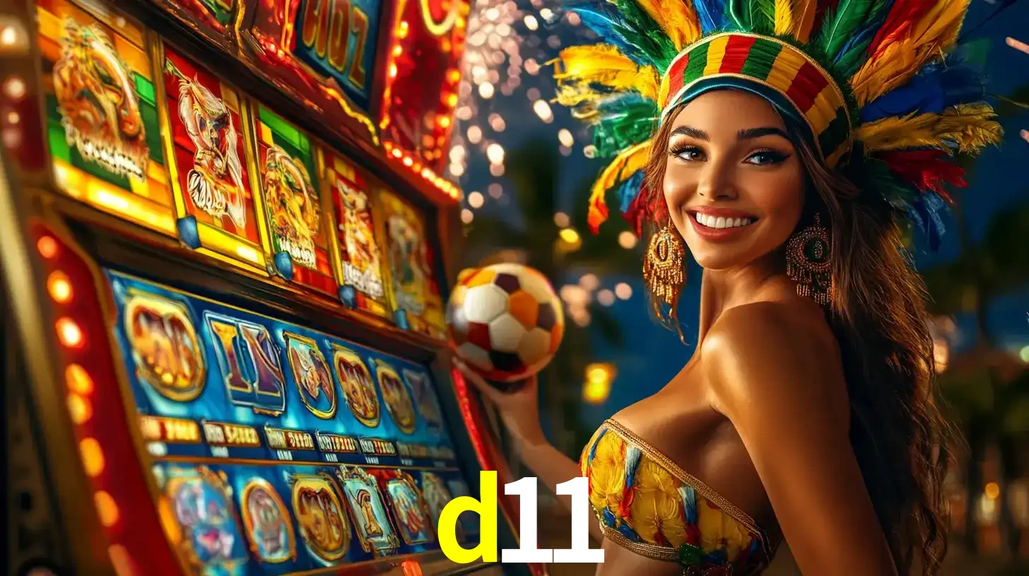 Mulher com um cocar de carnaval ao lado de uma máquina de caça-níqueis enquanto segura uma bola de futebol, mostrando a união da diversão de cassino e esportes no d11.