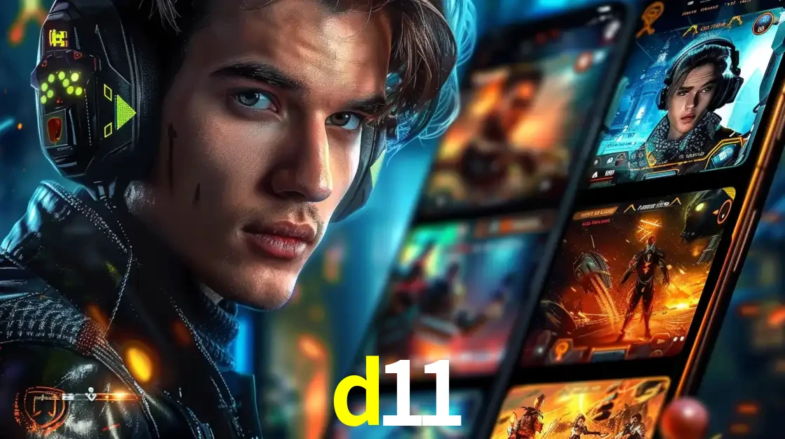 Jovem jogador com fones de ouvido olhando para a câmera, com um aplicativo de jogos e e-sports para celular ao fundo, pronto para a competição e apostas no d11.