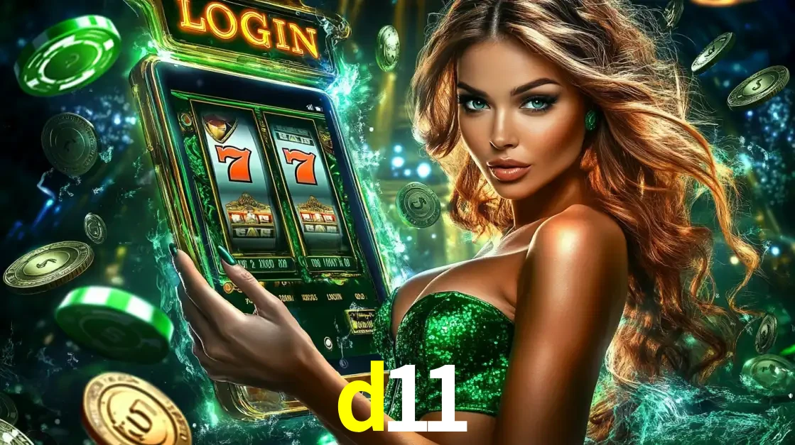 Mulher com tema verde apresentando o aplicativo do cassino d11 com um jogo de slot de 777, cercada por fichas de cassino e uma aura de sorte.