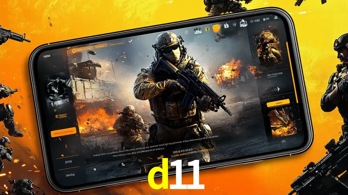 Um smartphone exibindo a interface de um jogo de tiro em primeira pessoa, com um soldado em um cenário de batalha, representando a ação dos e-sports para apostar no d11.