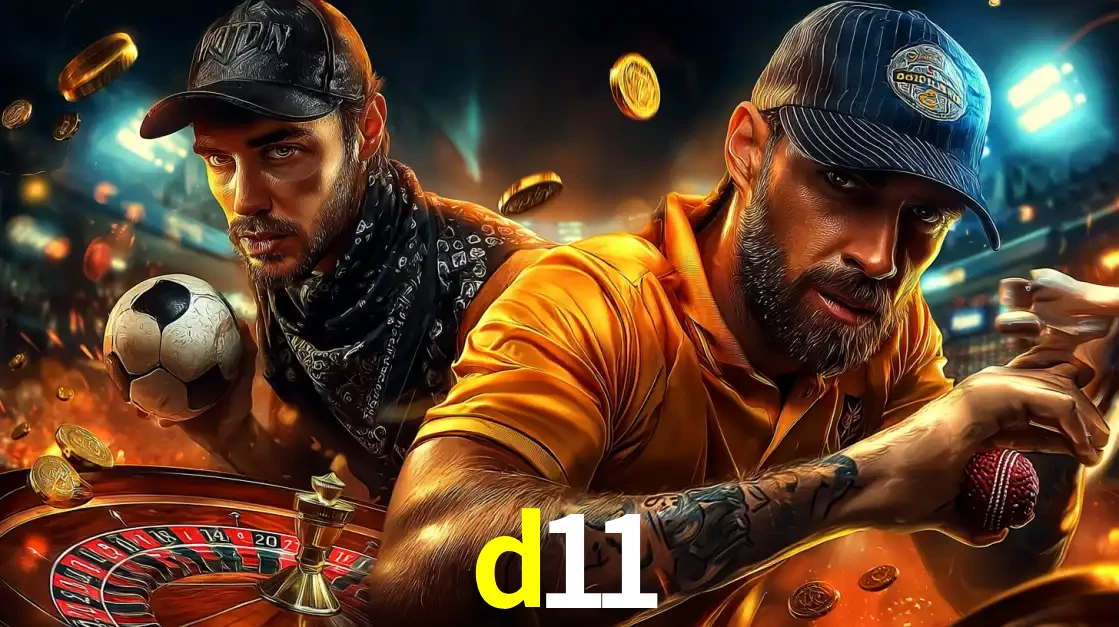 Montagem de apostas esportivas e cassino no d11, com um homem segurando uma bola de futebol e outro uma de beisebol sobre uma roleta e moedas voadoras.