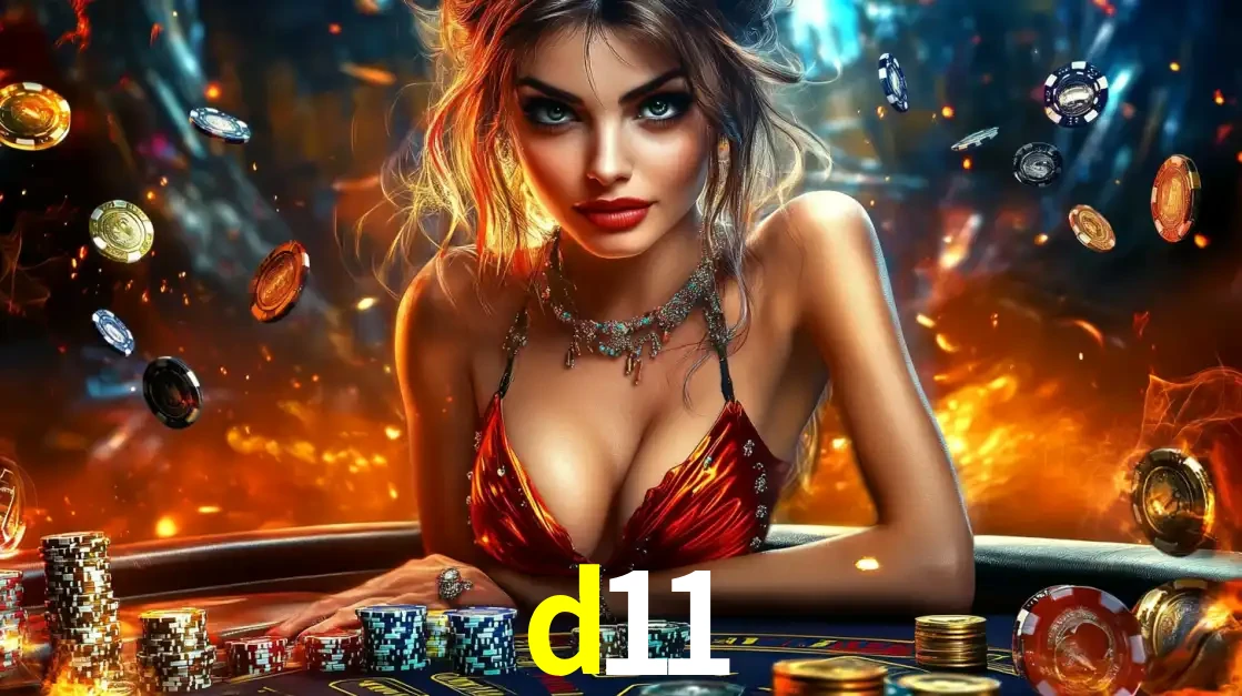 Mulher em uma mesa de cassino com pilhas de fichas e um fundo de fogo, pronta para uma rodada de altas apostas nos jogos de mesa emocionantes do cassino d11.