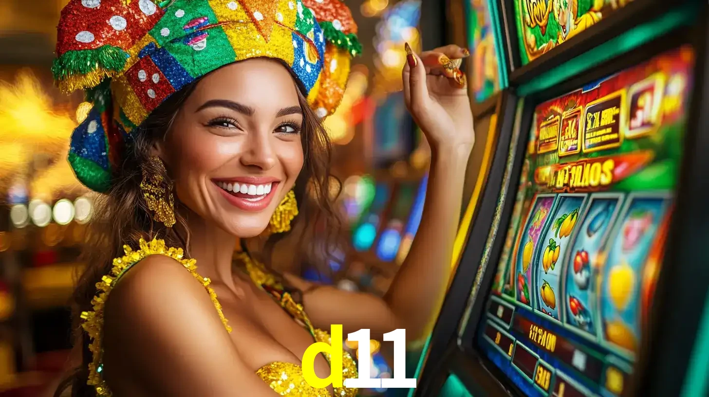 Mulher feliz com traje de carnaval amarelo e colorido ao lado de uma máquina de caça-níqueis, aproveitando a diversão e os jogos temáticos do cassino d11.