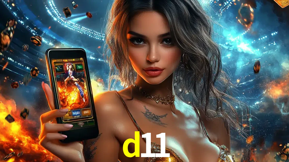 Mulher segurando um celular com um jogo de slot em destaque, tendo como fundo um estádio vibrante, simbolizando a emoção de jogar no cassino móvel d11.