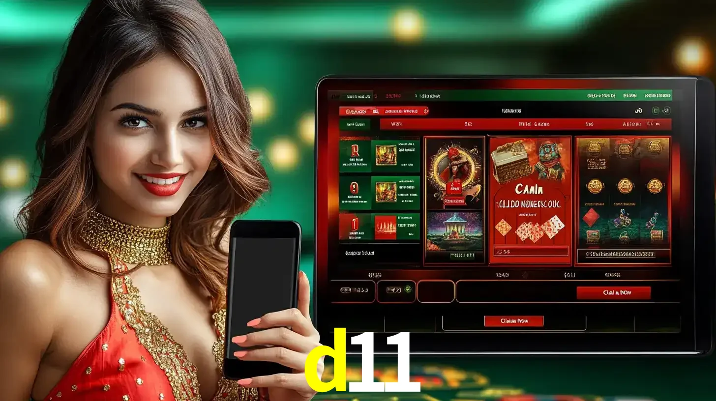 Mulher sorridente segurando um smartphone, ao lado de uma tela exibindo o lobby de jogos do cassino online d11, com várias opções de jogos de cartas e slots.